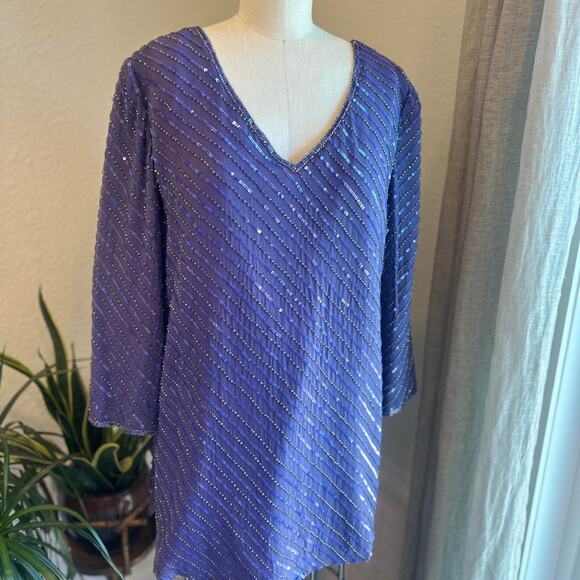 Papell Studio Women’s Large Blouse Purple Silk Beaded Tunic Sequin Evening Party - Picture 2 of 3